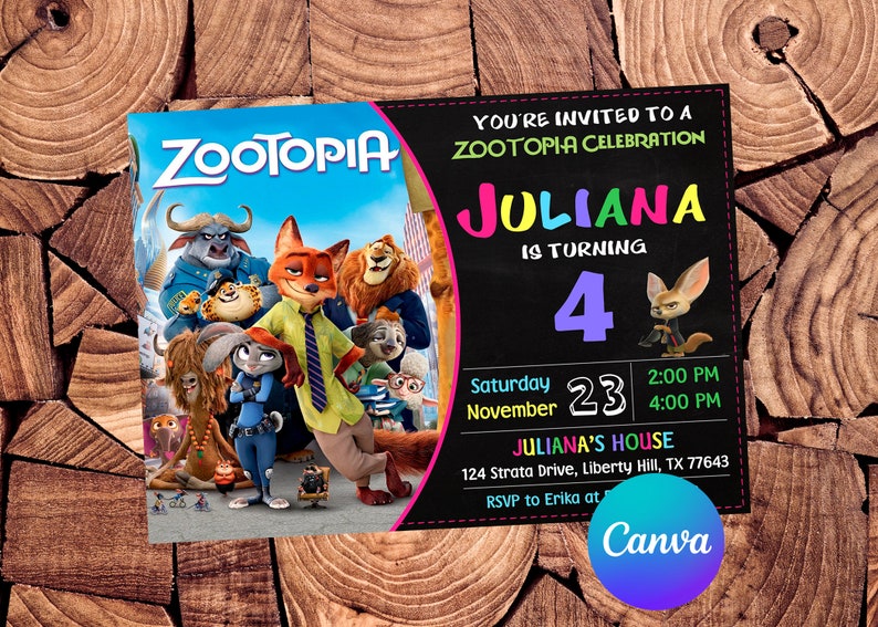 May include: A colourful invitation for a Zootopia themed birthday party for Juliana, who is turning 4. The invitation features characters from the movie Zootopia, including Judy Hopps and Nick Wilde. The invitation is set on a black chalkboard background with white text. The party is scheduled for Saturday, 23rd November from 2:00 PM to 4:00 PM at Juliana's house.
