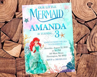 Invitación de La Sirenita, Invitación de Ariel, Invitación de cumpleaños de La Sirenita, Invitación de princesa, Cumpleaños de Ariel, Fiesta de Ariel (archivo digital)