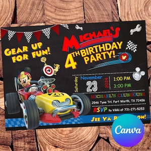 Mickey Mouse en Roadster Racers uitnodiging Mickey Mouse verjaardagsuitnodiging Minnie Mouse feest Mickey Mouse bewerkbare uitnodiging