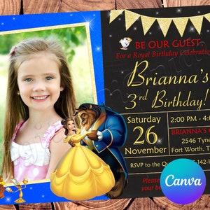 Invito La bella e la bestia Invito di compleanno della principessa Belle Invito digitale della principessa Belle Invito modificabile della principessa Belle