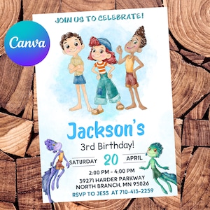 May include: A colorful invitation for a birthday party, featuring cartoon characters and the text "Join us to celebrate!" The invitation includes the name "Jackson's", the date, time, and location of the party. The Canva logo is in the upper left corner.
