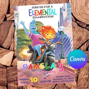 May include: A colorful invitation for a birthday party with a theme of "Elemental Celebration". The invitation features characters from the movie "Elemental" riding a motorcycle. The text on the invitation reads "Pamela is turning 3" and includes the date, time, and location of the party.