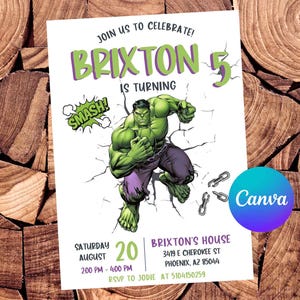 Hulk födelsedagsinbjudan, redigerbar Canvas-mall, Smash Party-inbjudan, superhjältetema, digital nedladdning av grön monsterpojke