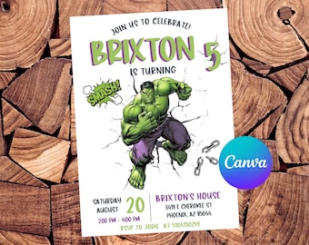 Hulk Birthday Invitation, Editable Canva Template, Smash Party Invite, Superhero Theme, Green Monster Boy Digital Download
