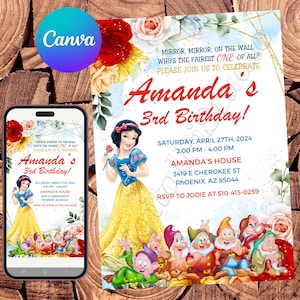 Invito di Biancaneve Invito di compleanno di Biancaneve Festa di Biancaneve Biancaneve invita Invito modificabile di Biancaneve