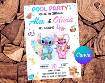 Stitch Angel Pool Party Invitation, Editable Canva Template, Watercolor Joint Birthday, Boy Girl Twins Summer Beach, Digital Download
