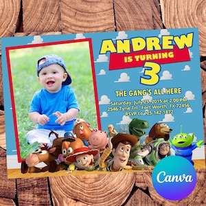 May include: A rectangular birthday invitation card featuring a blue sky background with white clouds. It includes a photo of a child, the text ANDREW IS TURNING 3, THE GANG'S ALL HERE, and event details. Animated characters are at the bottom.