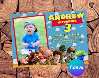 Invitación de cumpleaños número 3 de Cowboy Space Ranger, plantilla editable de Canva, fiesta temática de nubes, todos los personajes, niño (digital)