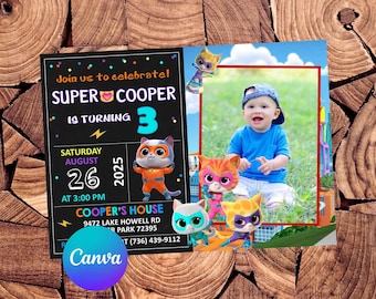 Invitación de Super Kitties Invitación de cumpleaños de Super Kitties Fiesta de Super Kitties Invitación editable de Super Kitties Archivo digital imprimible