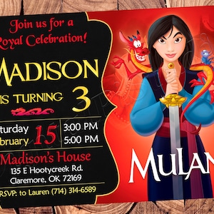 Faire-part princesse, Mulan, faire-part d'anniversaire, Mulan, fête de Mulan, Mulan, invitation, Mulan, Faire-part d'anniversaire petite princesse