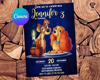 Invitación de La Dama y el Vagabundo Invitación de Cumpleaños de La Dama y el Vagabundo Fiesta de La Dama y el Vagabundo Invitación Editable de La Dama y el Vagabundo