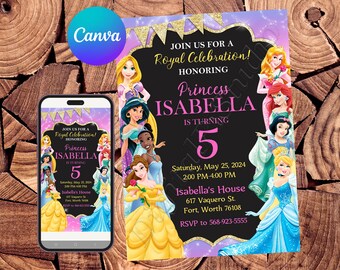 Princess Invitation Princess Birthday Invitation Belle Party Jasmine Invites Ariel Editable Invitation Cinderella Tiana Rapunzel Snow White