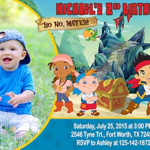 May include: A birthday invitation featuring a cartoon pirate ship and characters from the show Jake and the Never Land Pirates. The invitation is blue and yellow with a photo of a child in a blue shirt and a blue baseball cap. The text on the invitation reads "MICHAEL'S 2ND BIRTHDAY! YO HO, MATEY!" and includes the date, time, address, and RSVP information.