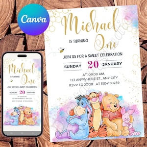 Convite Winnie the Pooh Convite de aniversário do Winnie the Pooh Festa do Winnie the Pooh Convite editável em aquarela do Winnie the Pooh