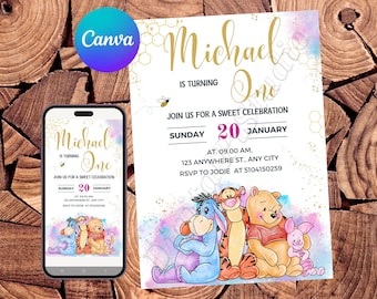 May include: A Winnie the Pooh themed first birthday party invitation with a watercolor background. The invitation features the text "Michael is turning One" and details for a party on Sunday, January 20th at 9:00 AM. The invitation also includes a RSVP phone number.