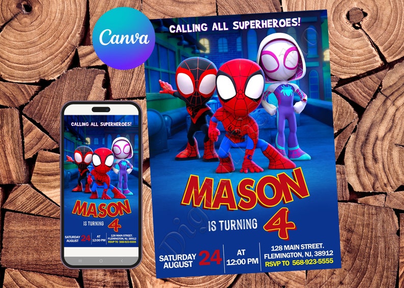 K&ouml;nnte beinhalten: Eine blaue und rote Geburtstagseinladung mit Spiderman-Motiv. Die Einladung zeigt drei Comic-Spiderman, darunter Miles Morales und Spider-Gwen. Der Text auf der Einladung lautet: "Calling all superheroes! Mason wird 4. Samstag, 24. August um 12:00 Uhr. 128 Main Street, Flemington, NJ, 38912. RSVP an 568-923-5555."