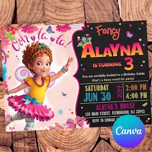 May include: A colorful birthday invitation featuring a cartoon character with pink and yellow wings. The invitation is for a girl named Alayna who is turning 3. The text on the invitation reads "Fancy Alayna is turning 3. You are cordially invited to a Birthday Soirée (that's a fancy word for party). Saturday Jun 30 2019 2:00 PM 4:00 PM Alayna's House 128 Main Street, Flemington, NJ 38912 RSVP to Lindsay."