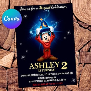 Inbjudan till Musse Pigg, trollkarlens lärling Inbjudan till Musse Pigg-födelsedagsinbjudan Musse Pigg-fest, redigerbar inbjudan