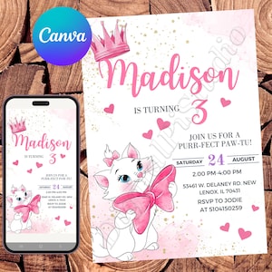 Aristocats Invitation Marie Invitation Aristocats Birthday Invitation Aristocats Party Aristocats Watercolor Editable Invitation