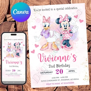 Convite de aniversário da Minnie Mouse Margarida Pato Convite editável em aquarela de festa da Minnie Mouse Margarida Pato