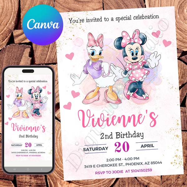 Minnie Mouse Invitation Daisy Duck Birthday Invitation Minnie Mouse Party Daisy Duck Watercolor Editable Invitation
