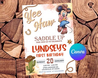 Minnie Mouse Cowgirl Invitation Minnie Mouse Birthday Invitation Minnie Mouse Party Minnie Mouse Editable Invitation