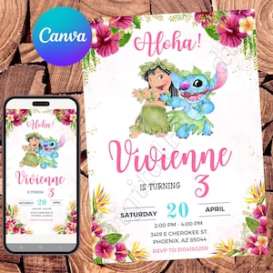 Lilo und Stitcheinladung Stitch Geburtstagseinladung Stitch Party Stitch lädt ein Stitch Watercolor Editierbare Einladung