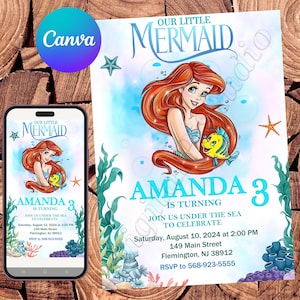 Faire-part petite sirène Faire-part d'anniversaire petite sirène Fête Ariel Faire-part aquarelle petite sirène Faire-part Ariel modifiable