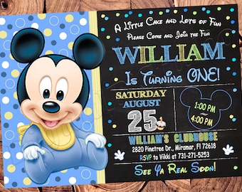 May include: A birthday invitation featuring Mickey Mouse in a blue onesie. The invitation has a blue and yellow polka dot background and a chalkboard-style design with the text "William is Turning One!" and party details.
