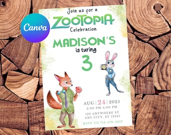 Zootopia Invitation, Editable Canva Template, Watercolor Fox Bunny Party, Nick Judy Pawpsicle Invite, Girl 3rd Birthday Digital