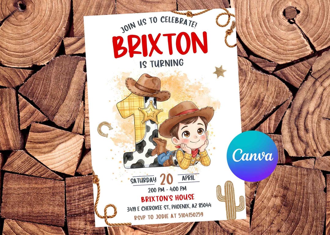 Woody First Rodeo Invite Baby Woody Toy Story 1st Birthday Invitation, Editable Canva Template ...