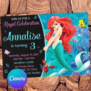 Faire-part de la petite sirène Faire-part d'anniversaire de la petite sirène Fête d'Ariel Petite sirène invite Carte d'invitation modifiable Ariel