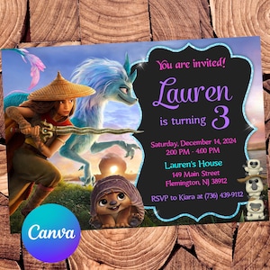 Op de afbeelding: Een verjaardagsuitnodiging met een personage uit de animatiefilm "Turning Red". De uitnodiging is voor een meisje genaamd Lauren die 3 jaar wordt. De uitnodiging bevat de datum, tijd en locatie van het feest. De tekst op de uitnodiging luidt: "U bent uitgenodigd! Lauren wordt 3 jaar. Zaterdag 14 december 2024, 14:00 - 16:00 uur, Laurens huis, 149 Main Street, Flemington, NJ 38912, RSVP aan Kiara op (736) 439-9112."