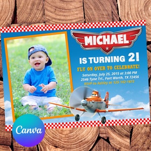 May include: A blue and red birthday invitation with a photo of a young boy wearing a blue shirt and a blue and white baseball cap. The invitation says "MICHAEL IS TURNING 21! FLY ON OVER TO CELEBRATE!" with details for the event, including the date, time, address, and RSVP information.