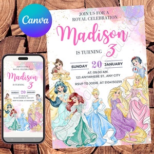 Invitación de princesa, invitación de cumpleaños de princesa, fiesta de Bella, Jazmín, acuarela, Ariel, invitación editable, Cenicienta, Rapunzel, Blancanieves