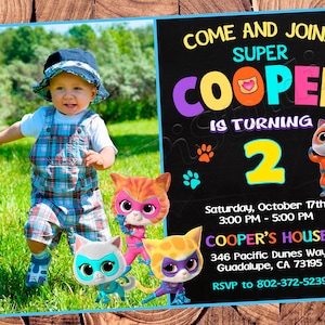 Invitación de Super Kitties Cumpleaños de Super Kitties Fiesta de Super Kitties Invitación de Super Kitties Super Kitties invita Tarjeta de Super Kitties