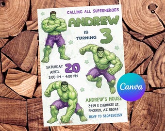 Hulk 3rd Birthday Invitation, Editable Canva Template, Watercolor Superhero Party, Calling All Superheroes, Boy Digital