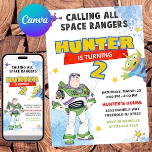 May include: A blue and white birthday invitation with a watercolor background. The invitation features a cartoon image of Buzz Lightyear from the Toy Story movie franchise. The text on the invitation reads "Calling all Space Rangers, Hunter is turning 2".