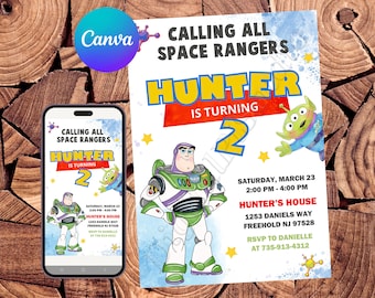 May include: A blue and white birthday invitation with a watercolor background. The invitation features a cartoon image of Buzz Lightyear from the Toy Story movie franchise. The text on the invitation reads "Calling all Space Rangers, Hunter is turning 2".