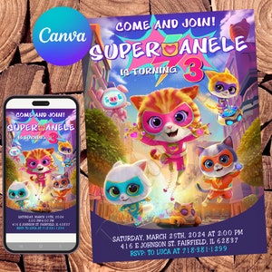 Super Kitties uitnodiging Super Kitties verjaardagsuitnodiging Super Kitties partij Super Kitties bewerkbare uitnodiging digitaal afdrukbaar bestand
