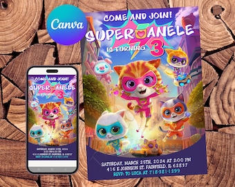 Super Kitties Invitation Super Kitties Birthday Invitation Super Kitties Party Super Kitties Editable Invitation Digital Printable File