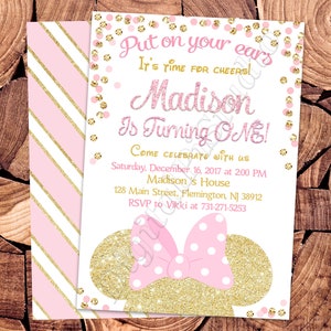 Convite Minnie Mouse rosa e dourado Convite Minnie Mouse bebê Convite Minnie Mouse Aniversário do bebê Minnie Mouse
