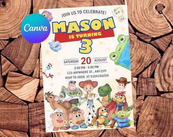 Watercolor Toy Story Invitation, Editable Canva Template, All Characters Party, Buzz And Woody 3rd Birthday, Digital Download