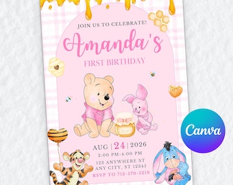 Baby Pooh Girl Birthday Invitation, Editable Canva Template, Hundred Acre Wood Party, Piglet and Eeyore, Digital Download