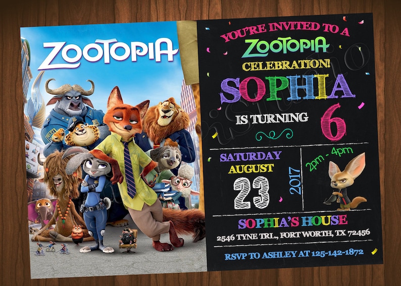 May include: A colorful invitation to a Zootopia-themed birthday party for Sophia, who is turning six. The invitation features characters from the movie Zootopia, including Nick Wilde and Judy Hopps, and includes the date, time, and location of the party.