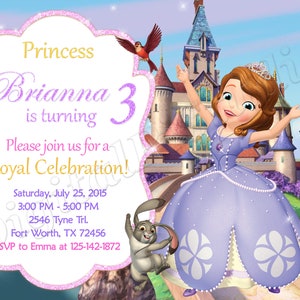 Faire-part de la princesse Sofia pour la première fois Invitation à la princesse Sofia pour son premier anniversaire Faire-part de la princesse Sofia pour son premier anniversaire