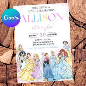 Faire-part princesse Faire-part d'anniversaire princesse Belle fête La Reine des neiges aquarelle Ariel faire-part modifiable Cendrillon Raiponce Blanche-Neige