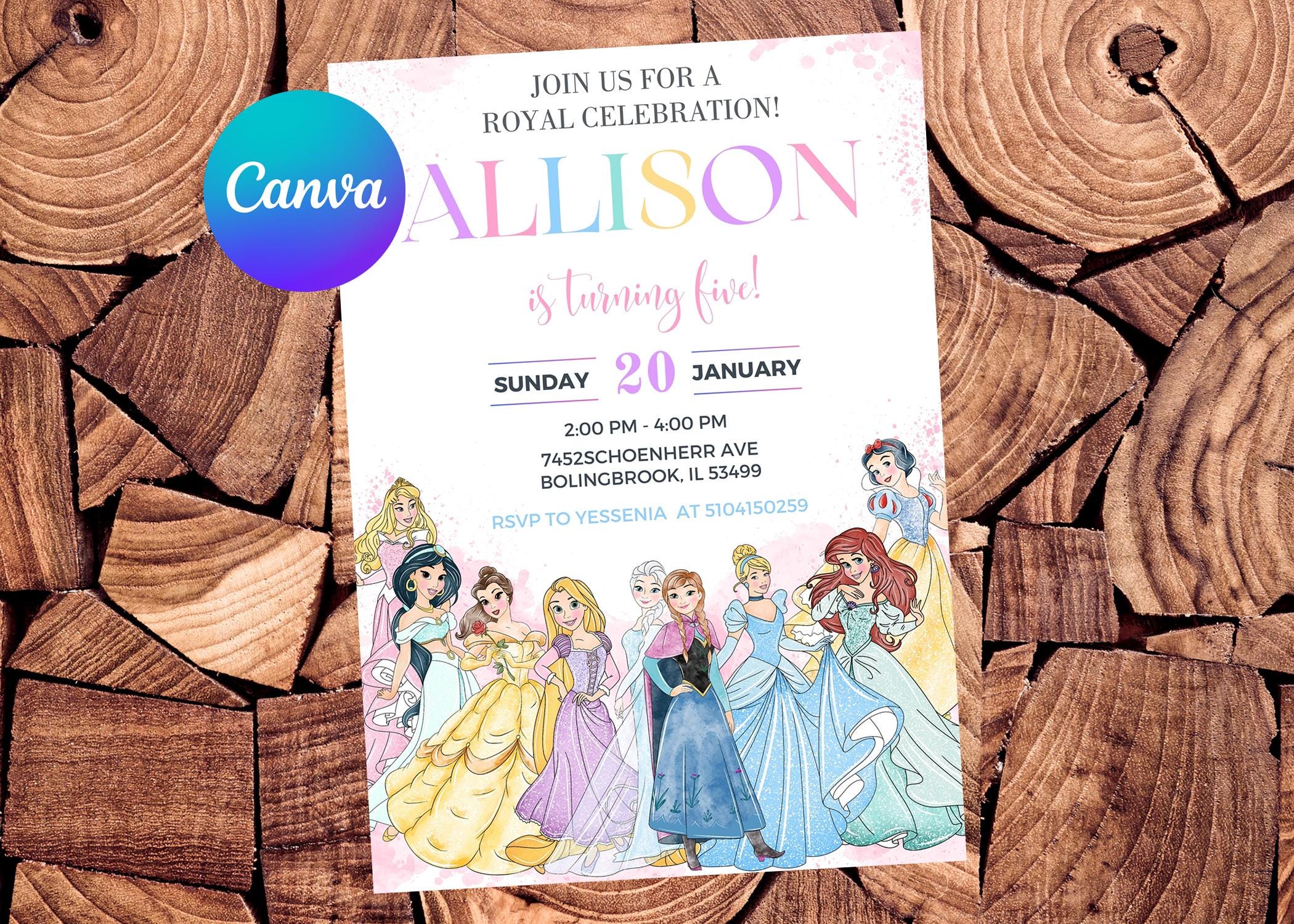 Princess Invitation Princess Birthday Invitation Belle Party Frozen Watercolor Ariel Editable Invitation Cinderella Rapunzel Snow White