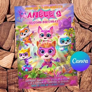 May include: A vibrant birthday invitation with cartoon cat illustrations. The invitation text reads "Join us to celebrate Anele's Second Birthday!" and includes event details. A Canva logo is present.