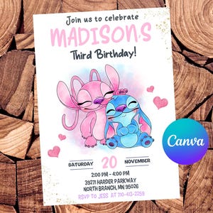 Stitch Invitation Stitch and Angel Birthday Invitation Stitch Party Stitch Watercolor Invitation Editable Invitation